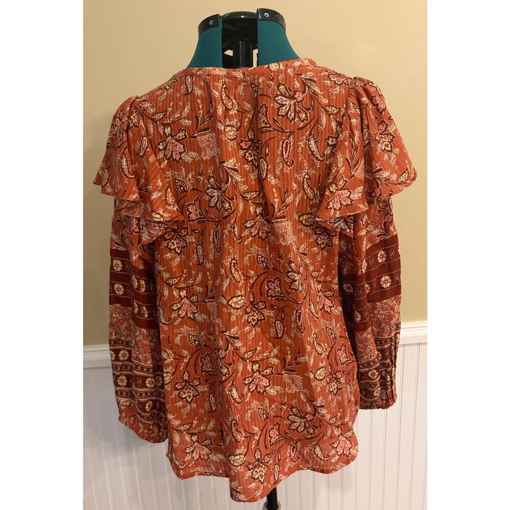 LOFT Bouquet Ruffle Tie Neck Blouse in Auburn Lightweight Women's XL long Sleeve - Picture 2 of 6